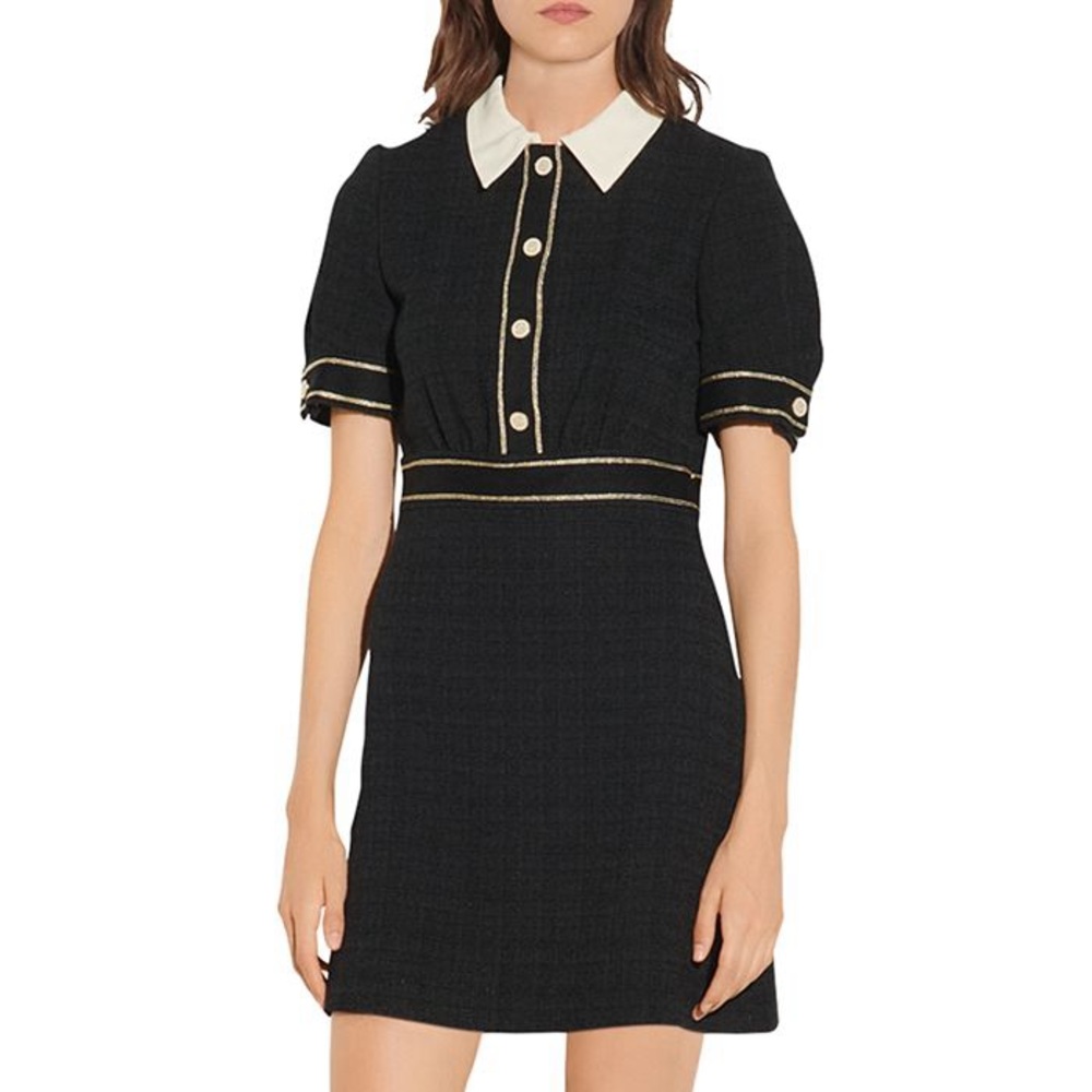 Sandro Paris Lorine Braided-Trim Contrast Collar Tweed Dress Holiday Special